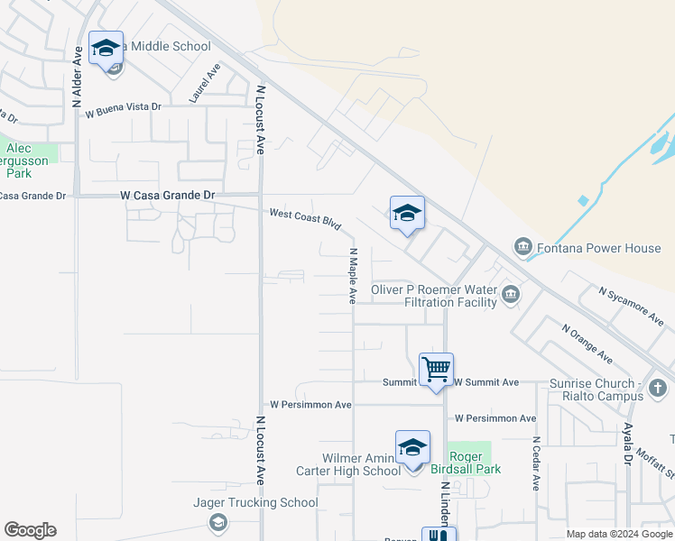 map of restaurants, bars, coffee shops, grocery stores, and more near 1730 West Tudor Street in Rialto
