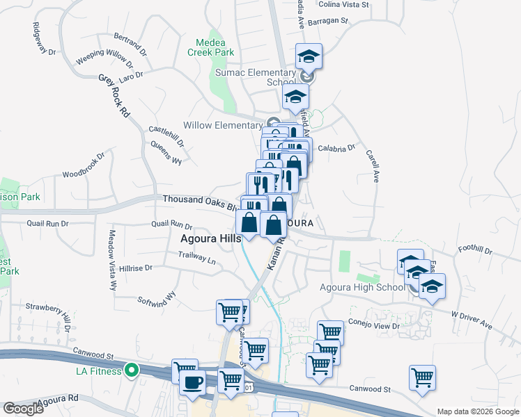 map of restaurants, bars, coffee shops, grocery stores, and more near 29041 Thousand Oaks Boulevard in Agoura Hills