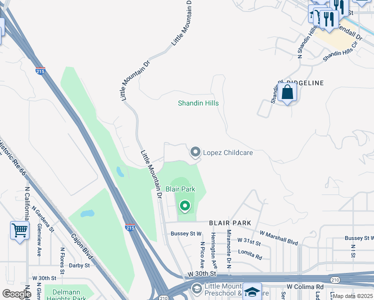 map of restaurants, bars, coffee shops, grocery stores, and more near 1400 West Edgehill Road in San Bernardino