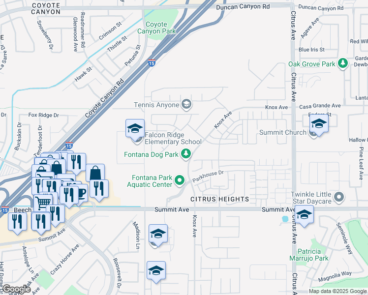 map of restaurants, bars, coffee shops, grocery stores, and more near 5453 Lytle Creek Road in Fontana