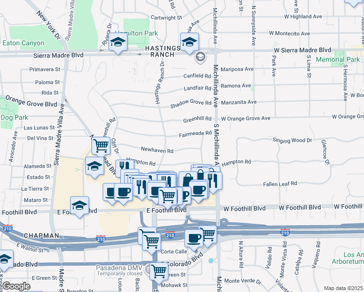 map of restaurants, bars, coffee shops, grocery stores, and more near 3785 Newhaven Road in Pasadena