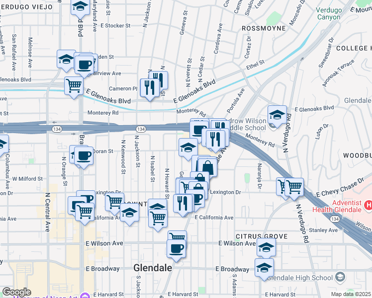 map of restaurants, bars, coffee shops, grocery stores, and more near 741 East Doran Street in Glendale