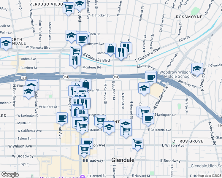 map of restaurants, bars, coffee shops, grocery stores, and more near in Glendale