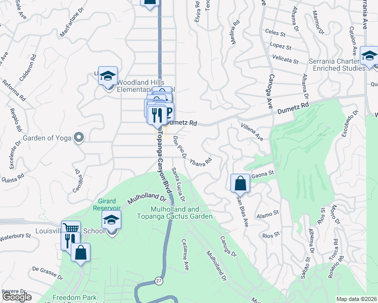 map of restaurants, bars, coffee shops, grocery stores, and more near 4808 Don Pio Drive in Los Angeles