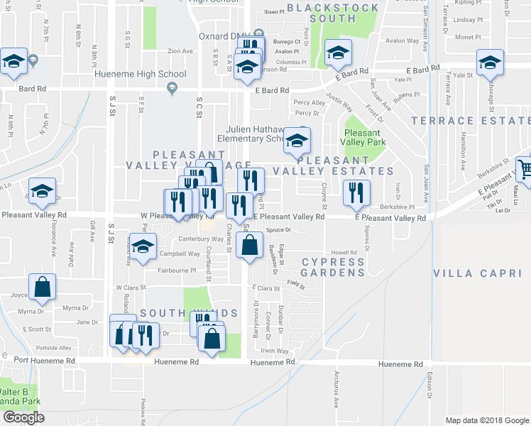 map of restaurants, bars, coffee shops, grocery stores, and more near 215 East Pleasant Valley Road in Oxnard