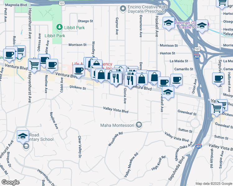 map of restaurants, bars, coffee shops, grocery stores, and more near 15933 Dickens Street in Los Angeles