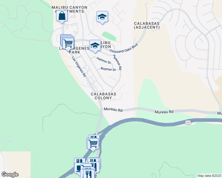 map of restaurants, bars, coffee shops, grocery stores, and more near 5405 Ruthwood Drive in Calabasas