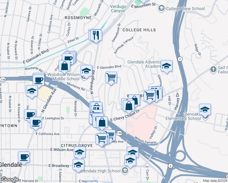 map of restaurants, bars, coffee shops, grocery stores, and more near 641 Canyon Drive in Glendale