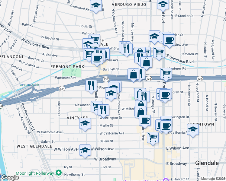 map of restaurants, bars, coffee shops, grocery stores, and more near 412 Pioneer Drive in Glendale