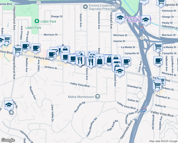 map of restaurants, bars, coffee shops, grocery stores, and more near 4612 Gloria Avenue in Los Angeles