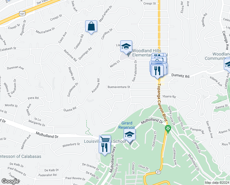 map of restaurants, bars, coffee shops, grocery stores, and more near 22263 Flanco Road in Los Angeles