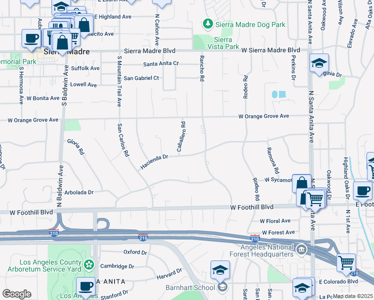 map of restaurants, bars, coffee shops, grocery stores, and more near 265 Hacienda Drive in Arcadia