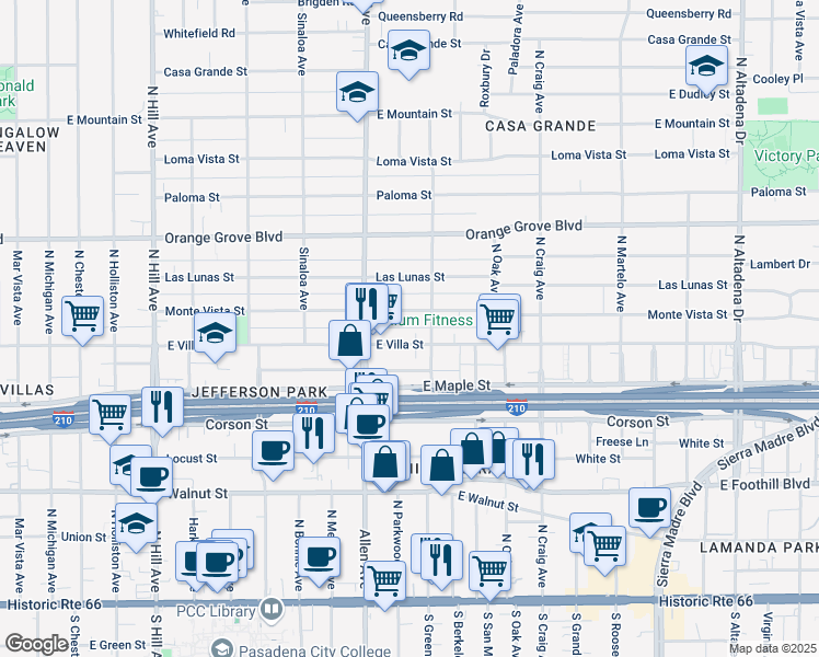 map of restaurants, bars, coffee shops, grocery stores, and more near 1887 Baldwin Alley in Pasadena