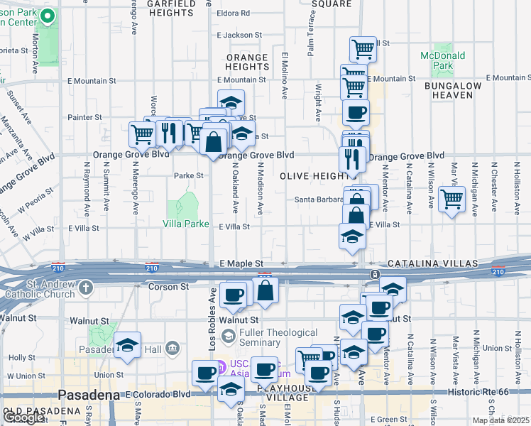map of restaurants, bars, coffee shops, grocery stores, and more near 532 North Madison Avenue in Pasadena
