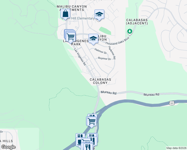 map of restaurants, bars, coffee shops, grocery stores, and more near 26370 West Plata Lane in Calabasas