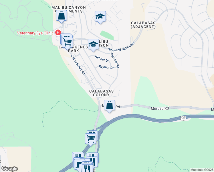 map of restaurants, bars, coffee shops, grocery stores, and more near 5423 Ruthwood Drive in Calabasas