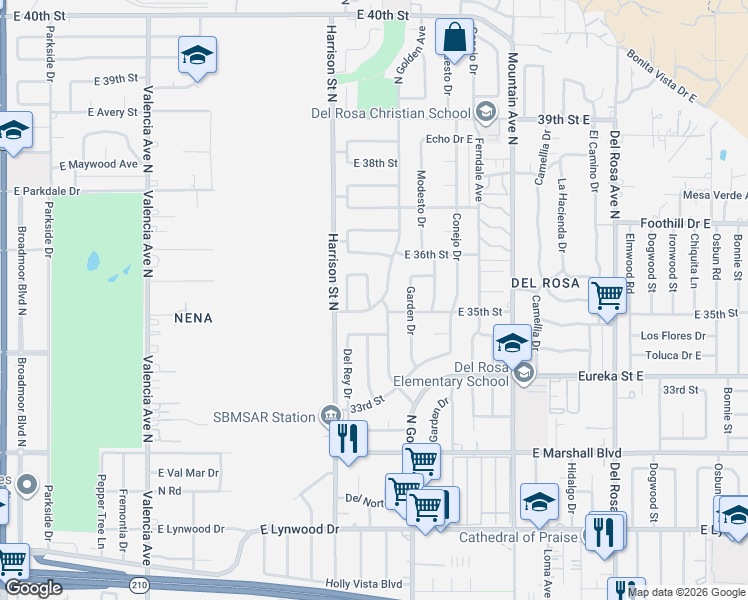 map of restaurants, bars, coffee shops, grocery stores, and more near 3520 North Golden Avenue in San Bernardino