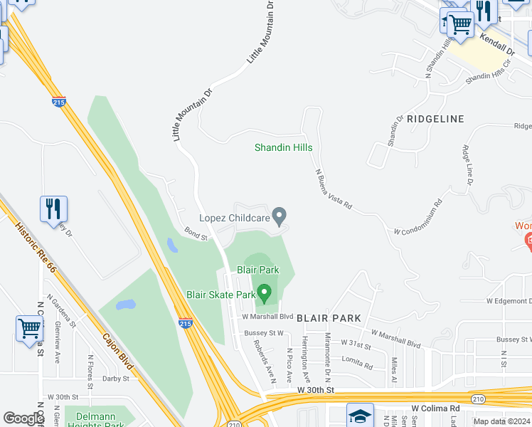 map of restaurants, bars, coffee shops, grocery stores, and more near 1440 West Edgehill Road in San Bernardino