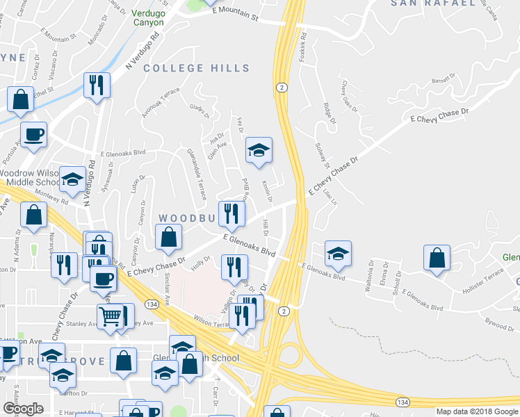 map of restaurants, bars, coffee shops, grocery stores, and more near 612 Corwin Avenue in Glendale