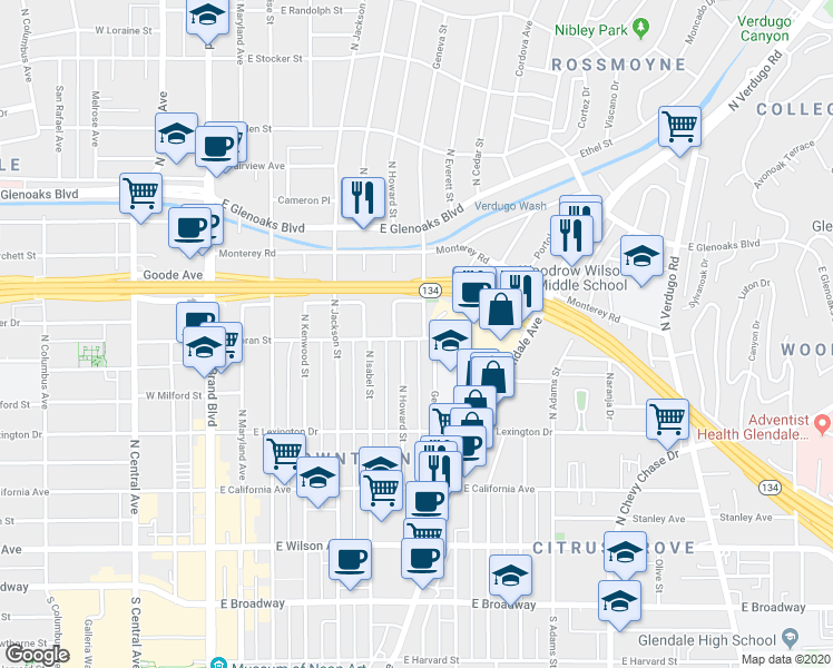 map of restaurants, bars, coffee shops, grocery stores, and more near 729 East Doran Street in Glendale