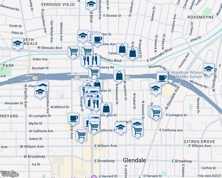 map of restaurants, bars, coffee shops, grocery stores, and more near 600 North Louise Street in Glendale