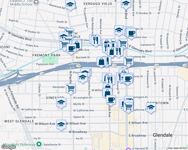 map of restaurants, bars, coffee shops, grocery stores, and more near 350 Pioneer Drive in Glendale