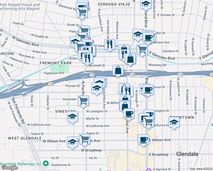 map of restaurants, bars, coffee shops, grocery stores, and more near 400 Pioneer Drive in Glendale