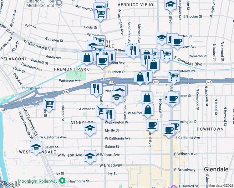 map of restaurants, bars, coffee shops, grocery stores, and more near 430 Pioneer Drive in Glendale