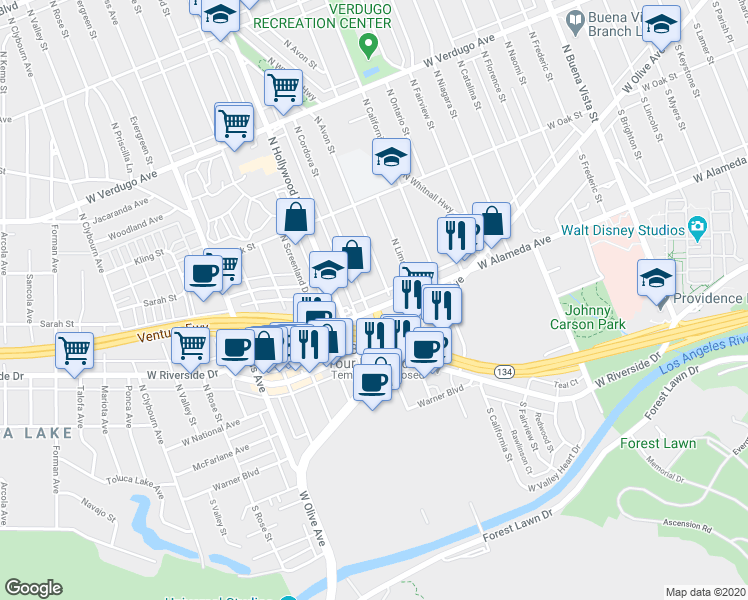 map of restaurants, bars, coffee shops, grocery stores, and more near 210 North Cordova Street in Burbank