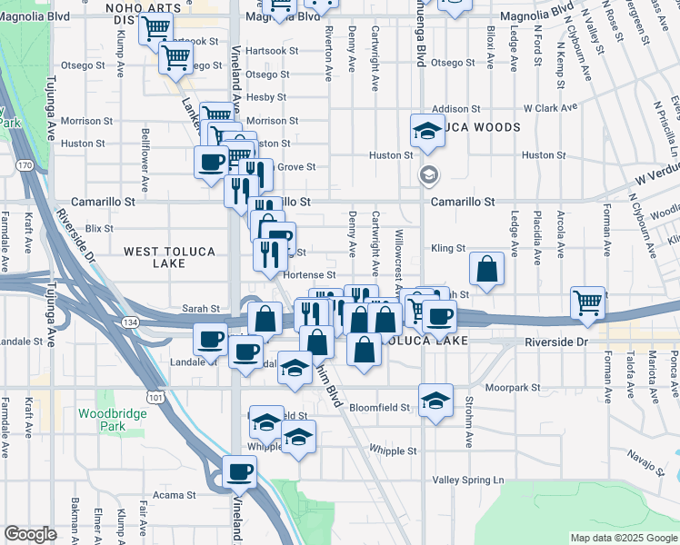 map of restaurants, bars, coffee shops, grocery stores, and more near 10737 Hortense Street in Los Angeles