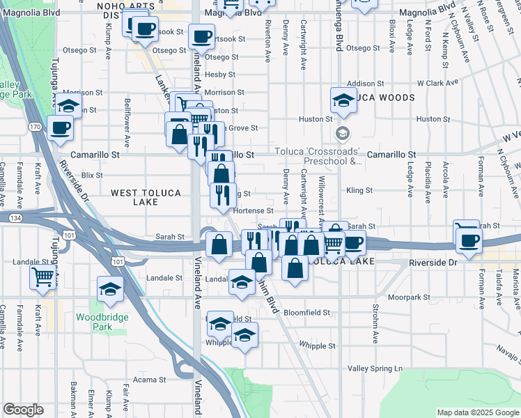 map of restaurants, bars, coffee shops, grocery stores, and more near in Los Angeles