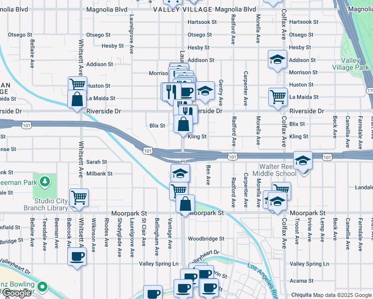 map of restaurants, bars, coffee shops, grocery stores, and more near 4641 Laurel Canyon Boulevard in Los Angeles