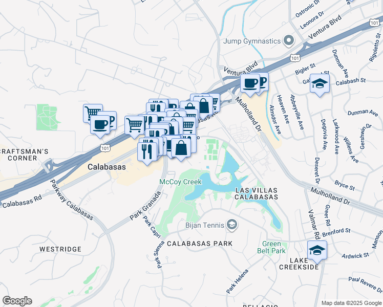 map of restaurants, bars, coffee shops, grocery stores, and more near 23600 Park Sorrento in Calabasas