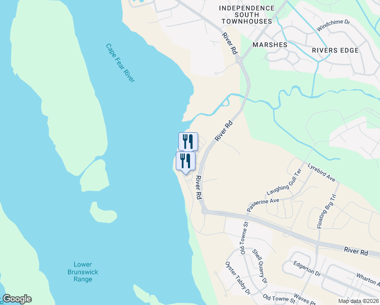 map of restaurants, bars, coffee shops, grocery stores, and more near 3610 Watercraft Ferry Avenue in Wilmington