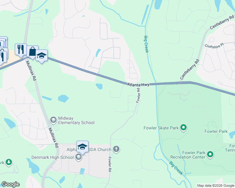 map of restaurants, bars, coffee shops, grocery stores, and more near 4429 Atlanta Highway in Alpharetta