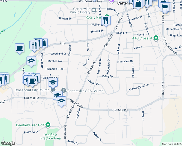 map of restaurants, bars, coffee shops, grocery stores, and more near 197 Etowah Drive in Cartersville
