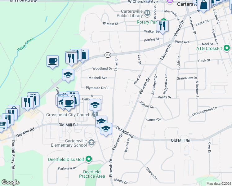 map of restaurants, bars, coffee shops, grocery stores, and more near 306 Terrell Drive in Cartersville