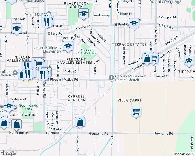map of restaurants, bars, coffee shops, grocery stores, and more near 850 Berkshire Place in Oxnard
