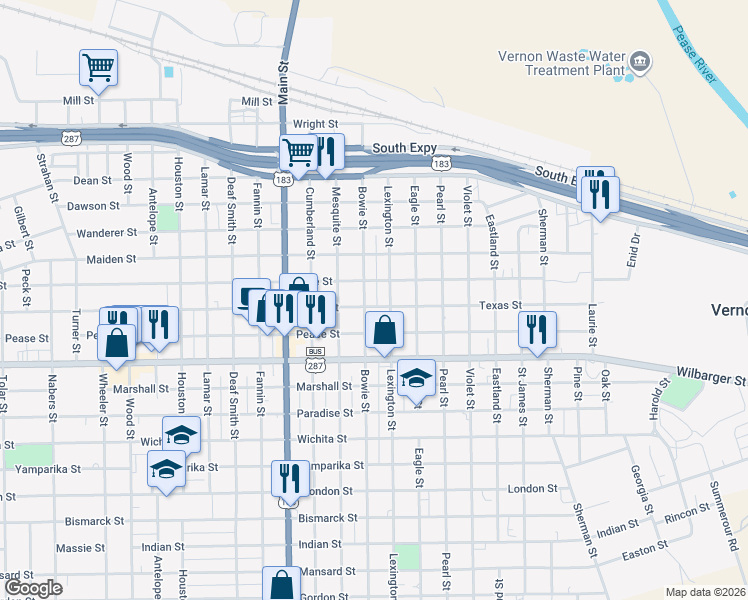 map of restaurants, bars, coffee shops, grocery stores, and more near 1428 Texas Street in Vernon
