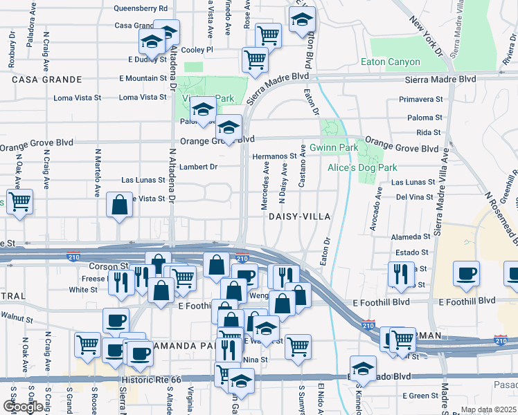 map of restaurants, bars, coffee shops, grocery stores, and more near 491 Mercedes Avenue in Pasadena