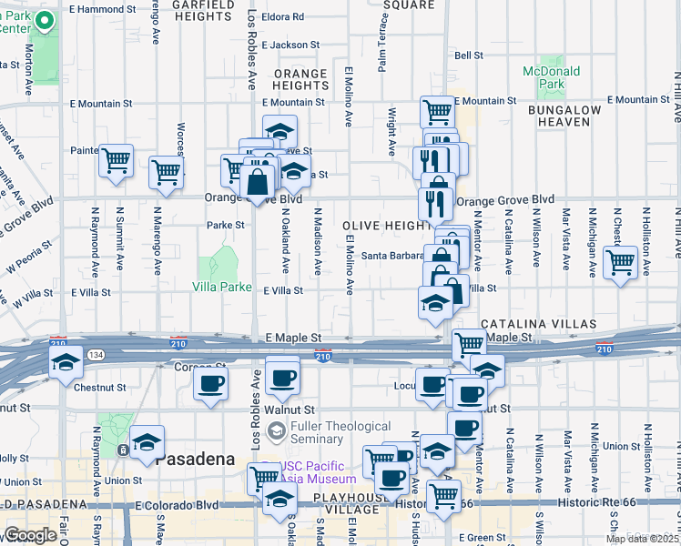map of restaurants, bars, coffee shops, grocery stores, and more near 532 North El Molino Avenue in Pasadena