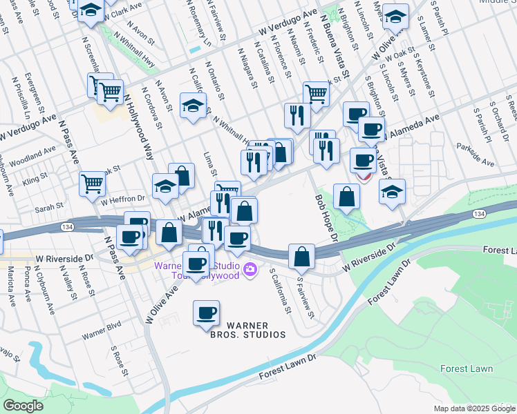 map of restaurants, bars, coffee shops, grocery stores, and more near 3000 West Alameda Avenue in Burbank