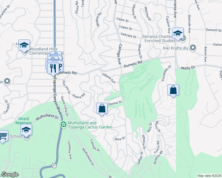 map of restaurants, bars, coffee shops, grocery stores, and more near 21440 Salamanca Avenue in Los Angeles