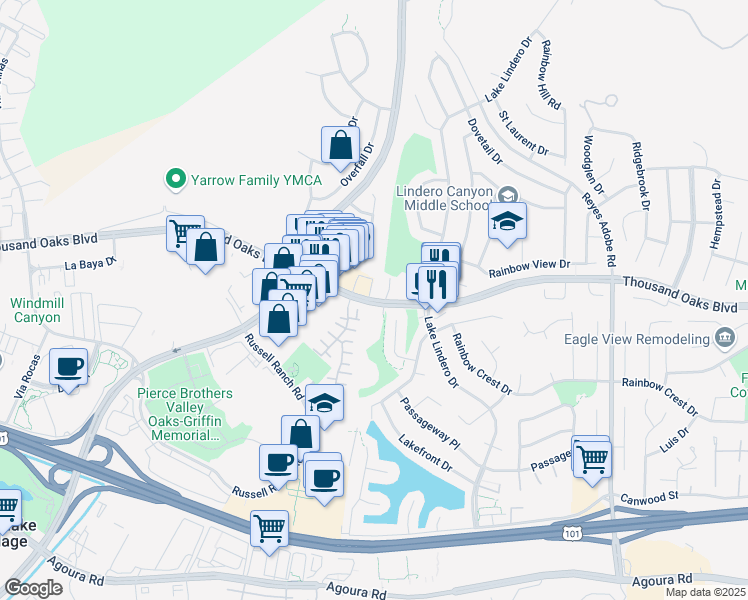 map of restaurants, bars, coffee shops, grocery stores, and more near 30831 Thousand Oaks Boulevard in Westlake Village