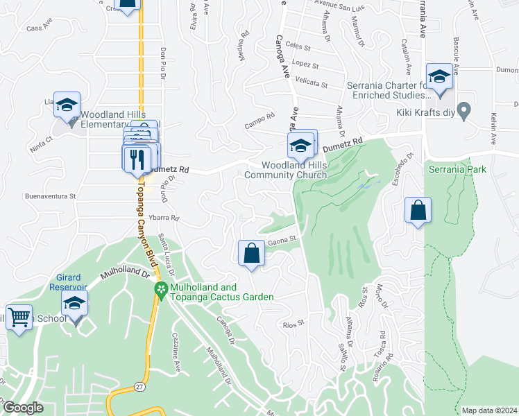 map of restaurants, bars, coffee shops, grocery stores, and more near 21539 Arcos Drive in Los Angeles