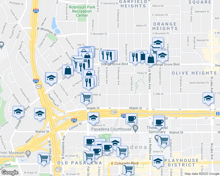 map of restaurants, bars, coffee shops, grocery stores, and more near 530 North Summit Avenue in Pasadena
