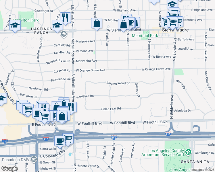 map of restaurants, bars, coffee shops, grocery stores, and more near 1004 Singing Wood Drive in Arcadia