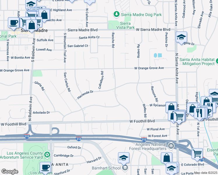 map of restaurants, bars, coffee shops, grocery stores, and more near 255 Hacienda Drive in Arcadia