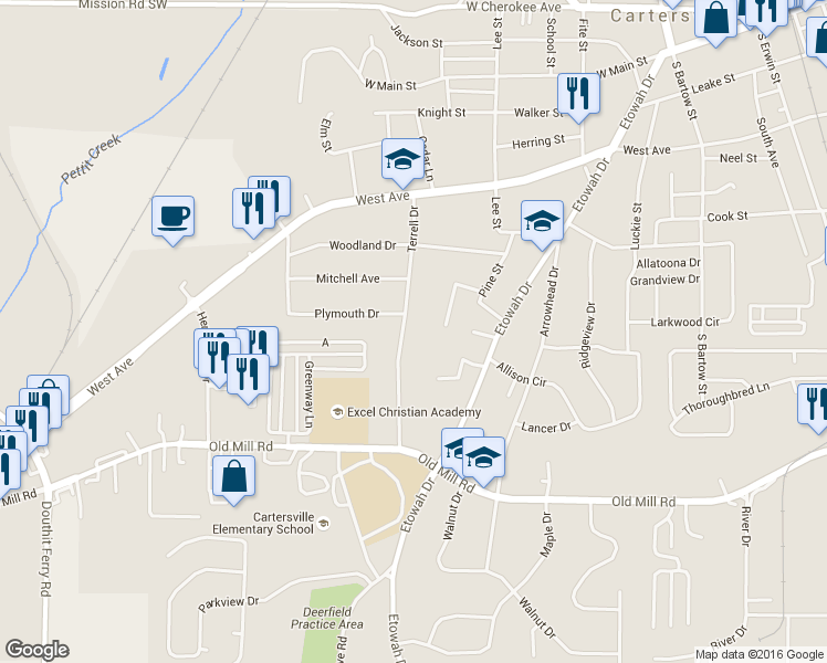 map of restaurants, bars, coffee shops, grocery stores, and more near 306 Terrell Dr in Cartersville