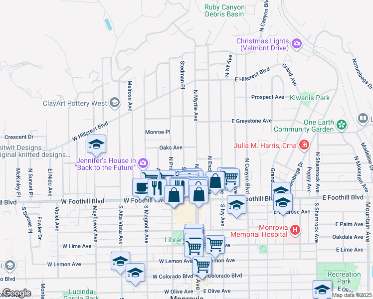 map of restaurants, bars, coffee shops, grocery stores, and more near 218 Stedman Place in Monrovia